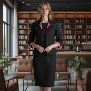 Jessica Howard VTG 2 Piece Set 12P Shift Dress Bolero Open Jacket Black Pink LBD